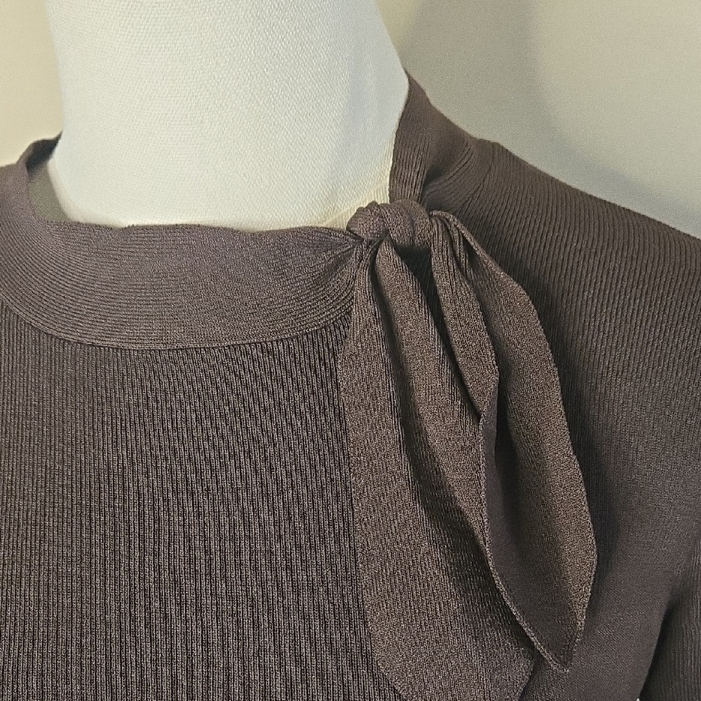 LOFT Chocolate Brown Knit Bow Tie-Neck Top – Soft Rayon Blend SP Feminine - Picture 3 of 8